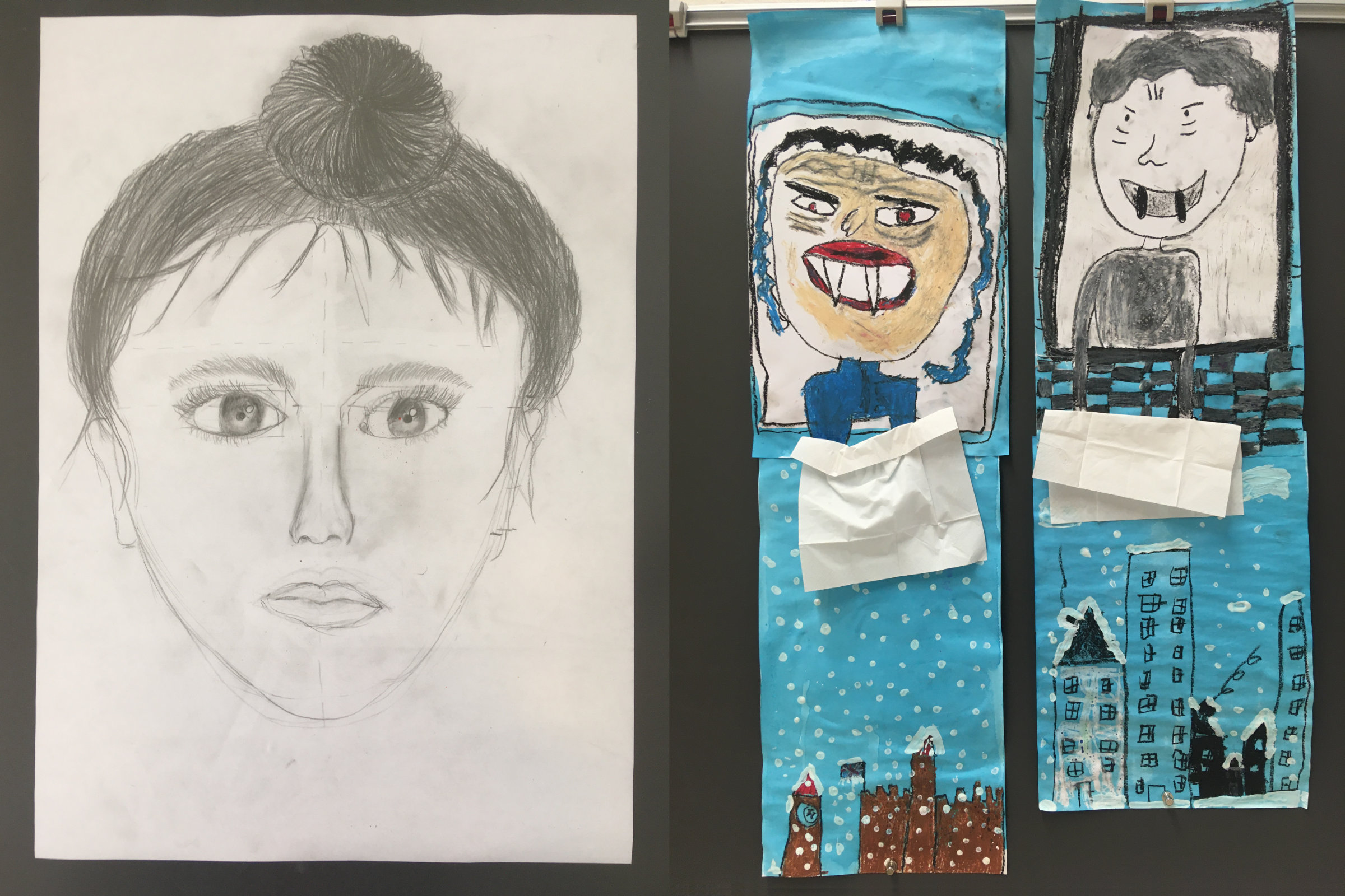 gemalte Porträts und Fantasiebilder der Schüler